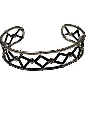 Vintage Cuff Bracelet Boho Chic Black Enamel Geometric Design Silver Tone Women